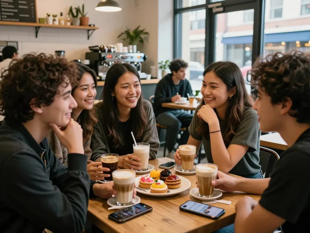 A group of friends enjoying coffee and laughter, capturing the essence of having a crush on someone in a cozy café setting.