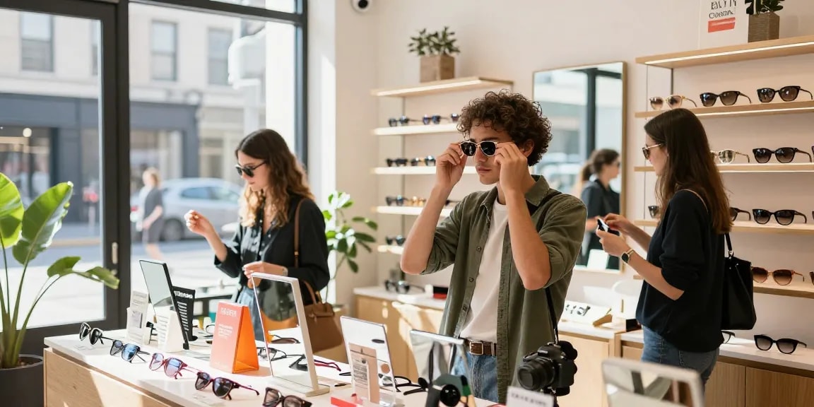 Escolha de lentes de contato em boutique de óculos, cliente experimentando óculos de sol
