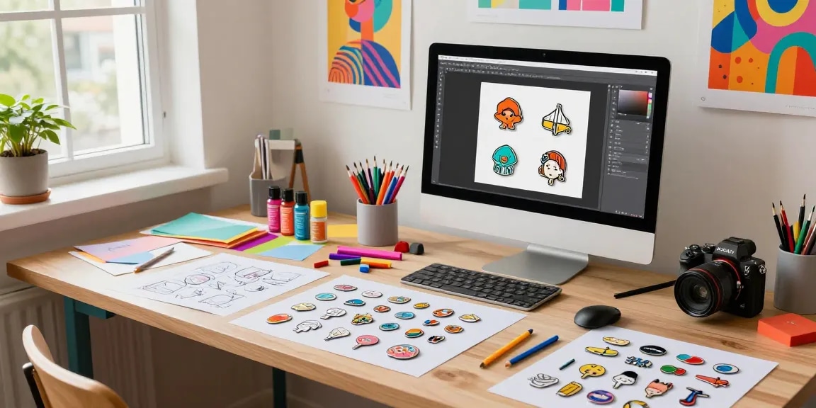 Artist designing custom pins with vibrant materials and tools in a colorful workspace.