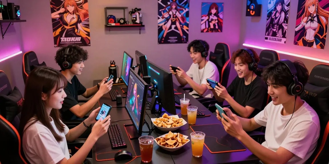 Group enjoying mobile hentai games in a vibrant gaming lounge with anime decor.
