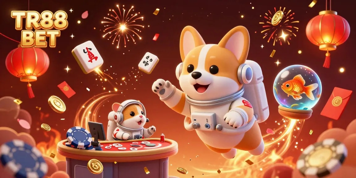 Experience TR88 BET in a vibrant space casino scene with floating characters and festive elements.