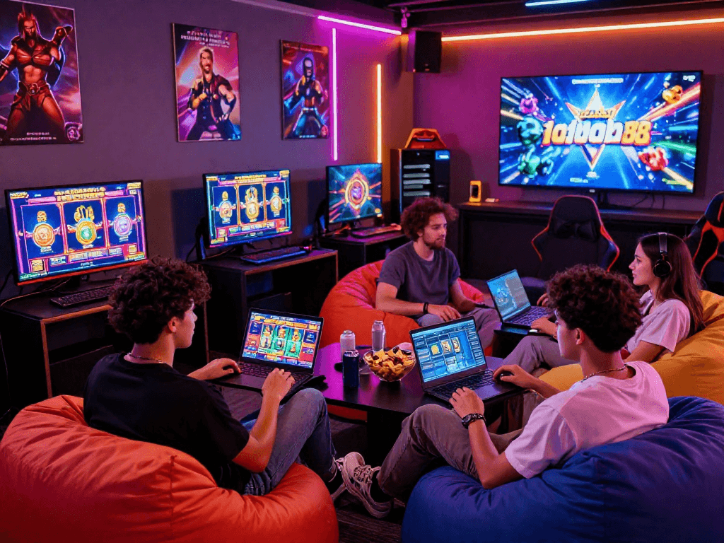 Friends gaming together in a lively lounge discussing rokok88 link strategies while enjoying popular slot games.