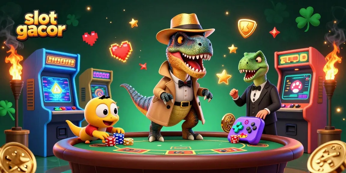 Visual permainan slot gacor dengan velociraptor mencuri chips dalam kasino, suasana hidup dan penuh detail