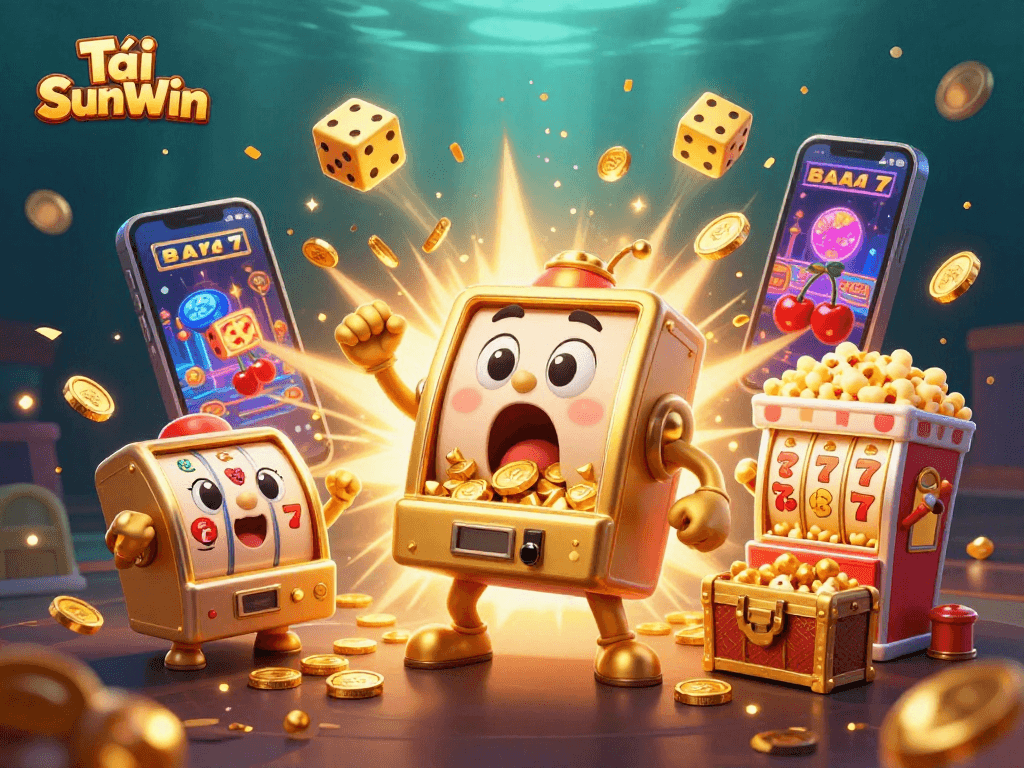 Play Tải SunWin seamlessly with golden slot machines and vibrant casino elements bursting with excitement.