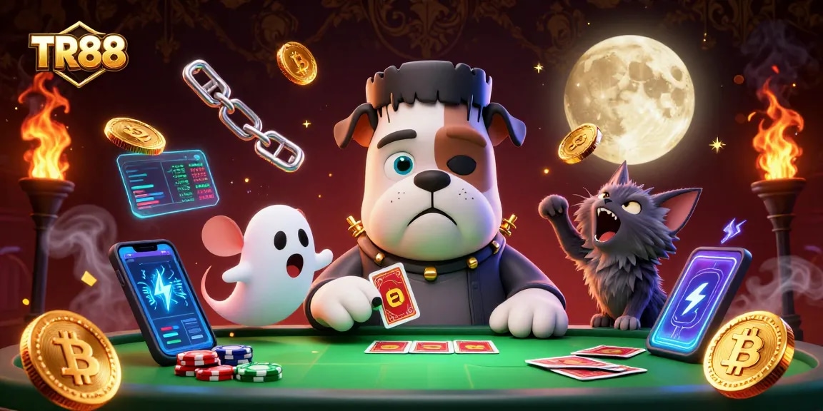 TR88 - Enjoy a thrilling card game with a Frankenstein bulldog dealer at a spooky casino table.