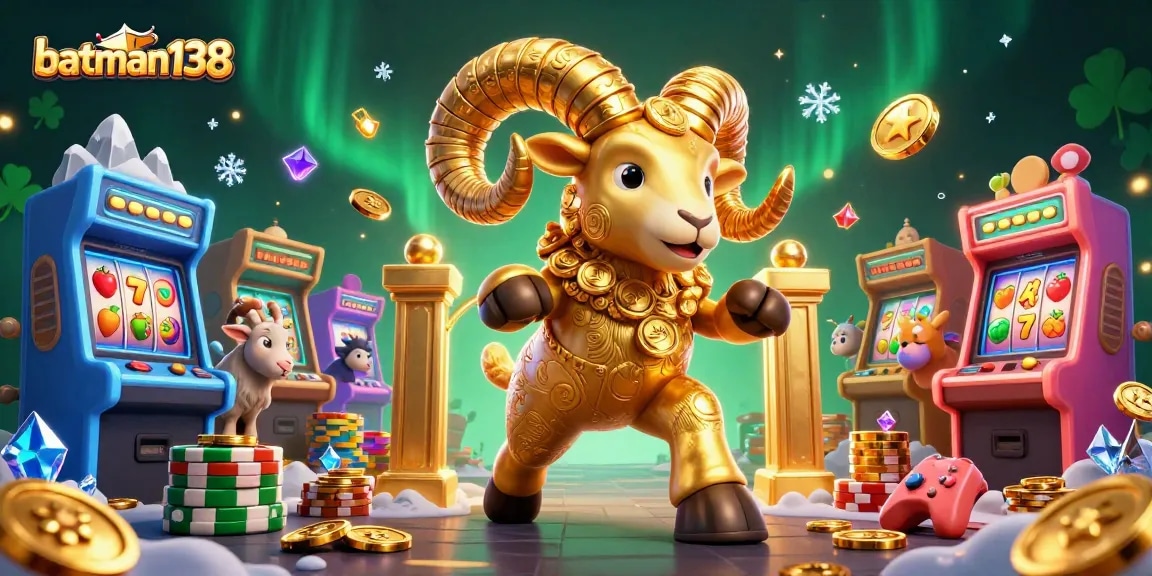 Experience fast-paced gaming with batman138, featuring a golden ram charging through vibrant casino elements.