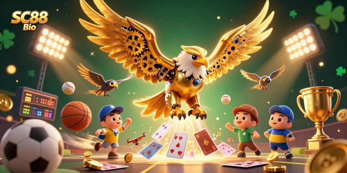 Experience high-stakes gaming with SC88 Bio, featuring a dynamic 3D illustration of a golden eagle amidst exhilarating casino elements.