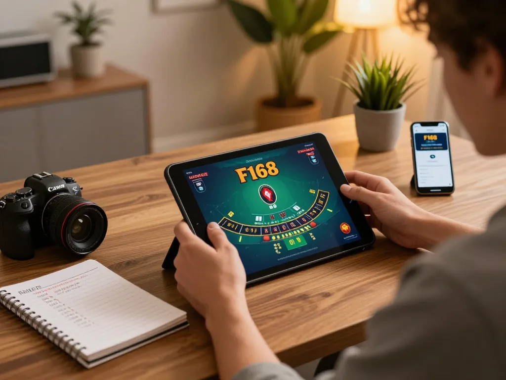 Player strategizing on F168 app in a cozy home gaming setup, focusing on blackjack.