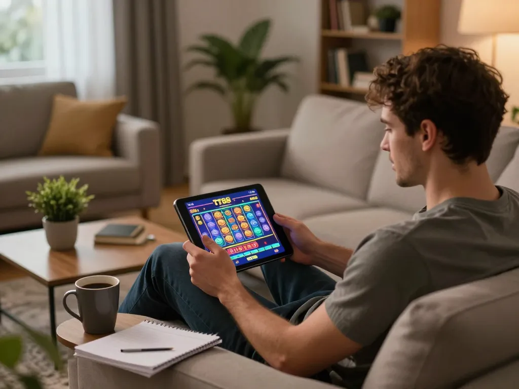 Player engaging with TT88 casino app on tablet, highlighting strategic online gambling experience at home