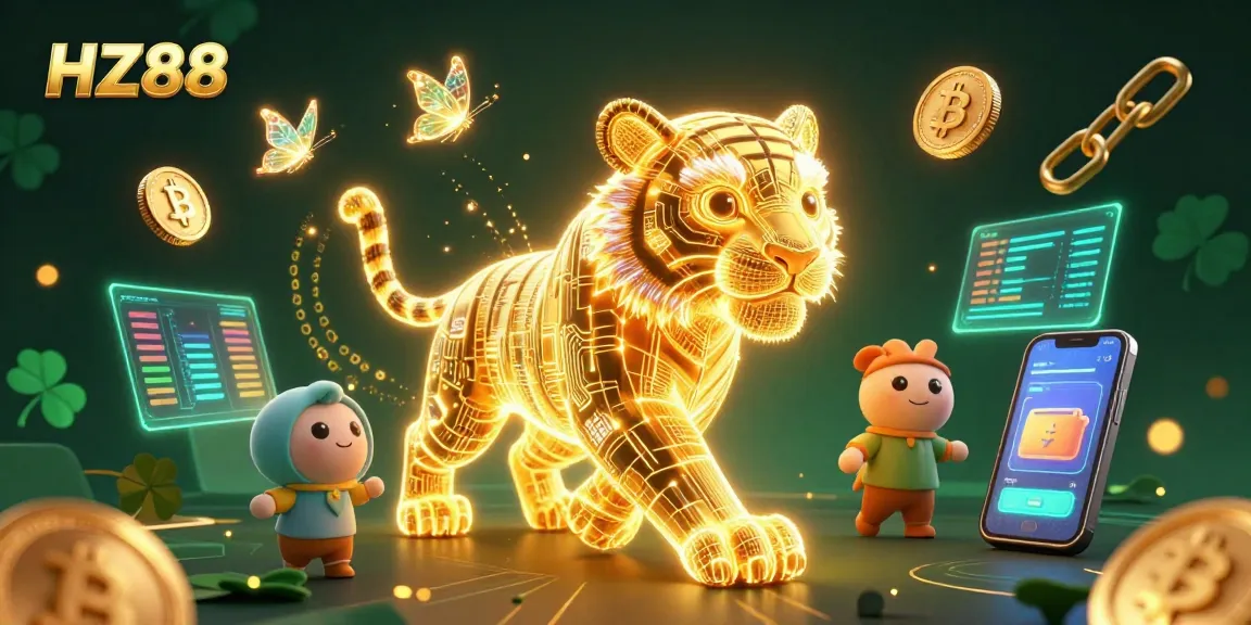 Experience HZ88 with a vibrant 3D digital casino landscape filled with golden tiger and crypto elements.