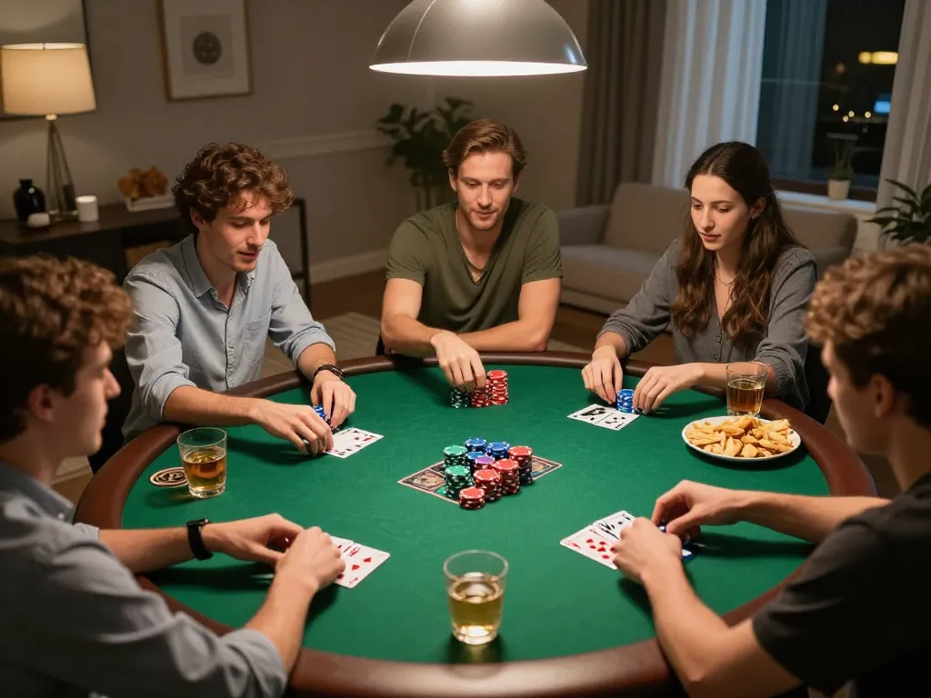 DA88 poker night with lively friends strategizing at a round table, showcasing chips and excitement.
