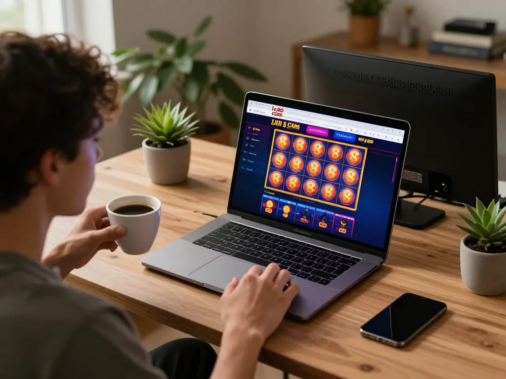 Engaging in online gaming at lc88 com on a laptop in a cozy home office setting