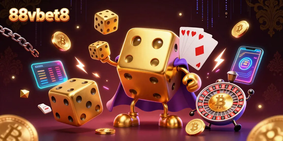 Experience thrilling gaming with 88vbet8 in this vibrant 3D casino illustration showcasing dynamic dice and crypto elements.