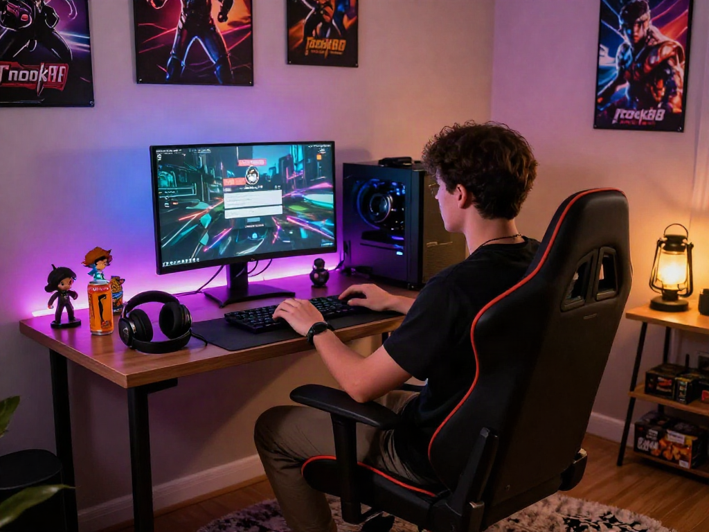Engaging gaming ambiance with user focused on rokok88 login interface, showcasing cozy setup.