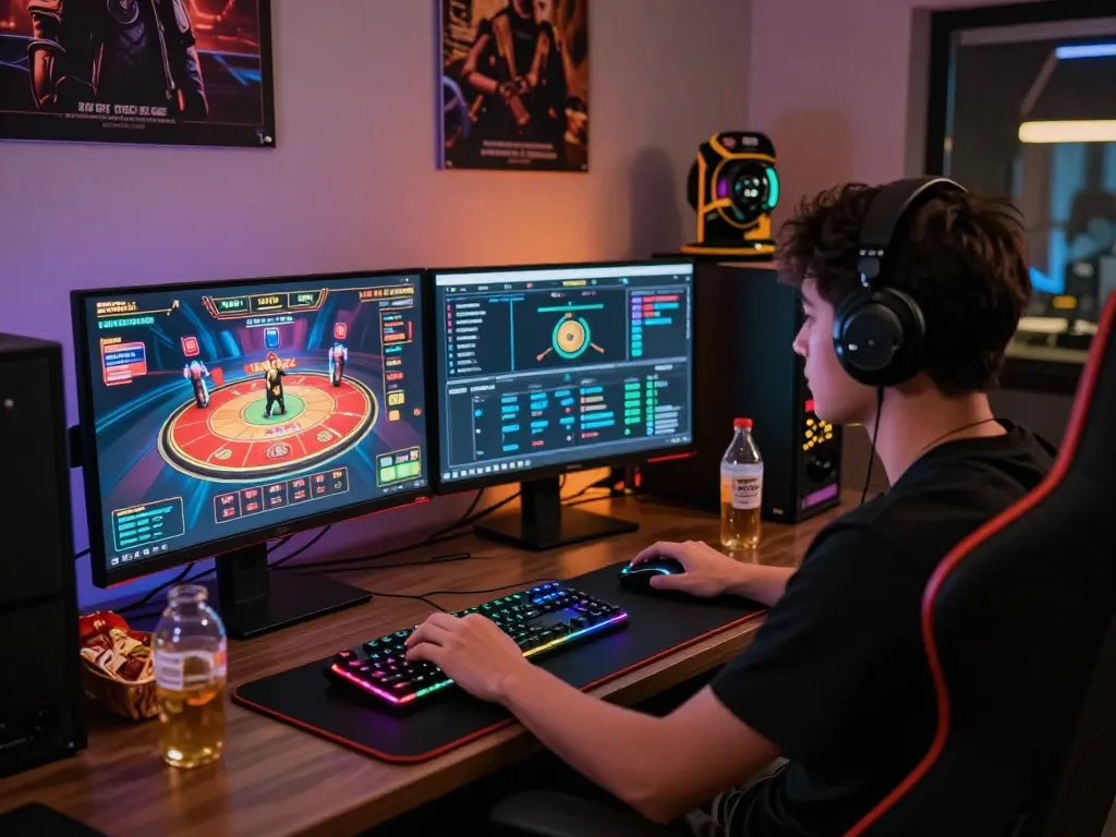 Exciting online gaming atmosphere at https://rikviprent.com featuring dual screens and gaming peripherals.