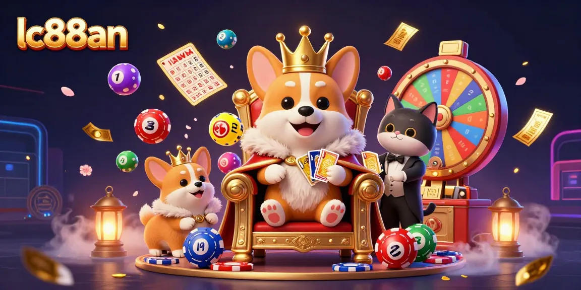 Engage with lc88an's vibrant online casino scene featuring a royal corgi and colorful game elements.