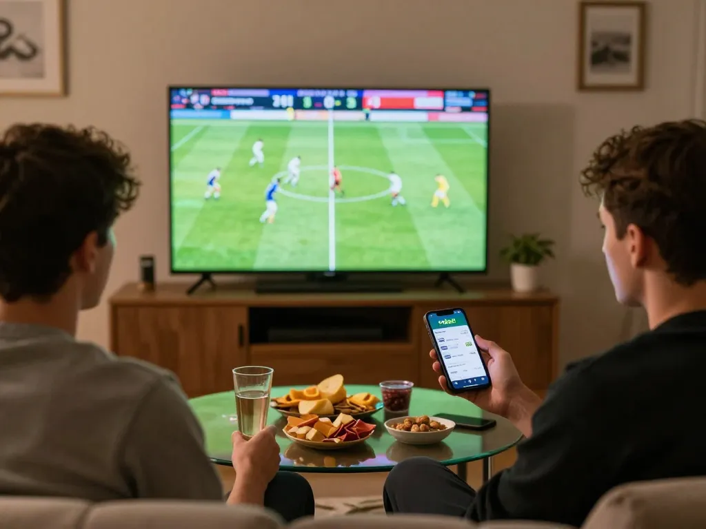 Friends enjoying sports betting with link oxbet on smartphone, celebrating a big win