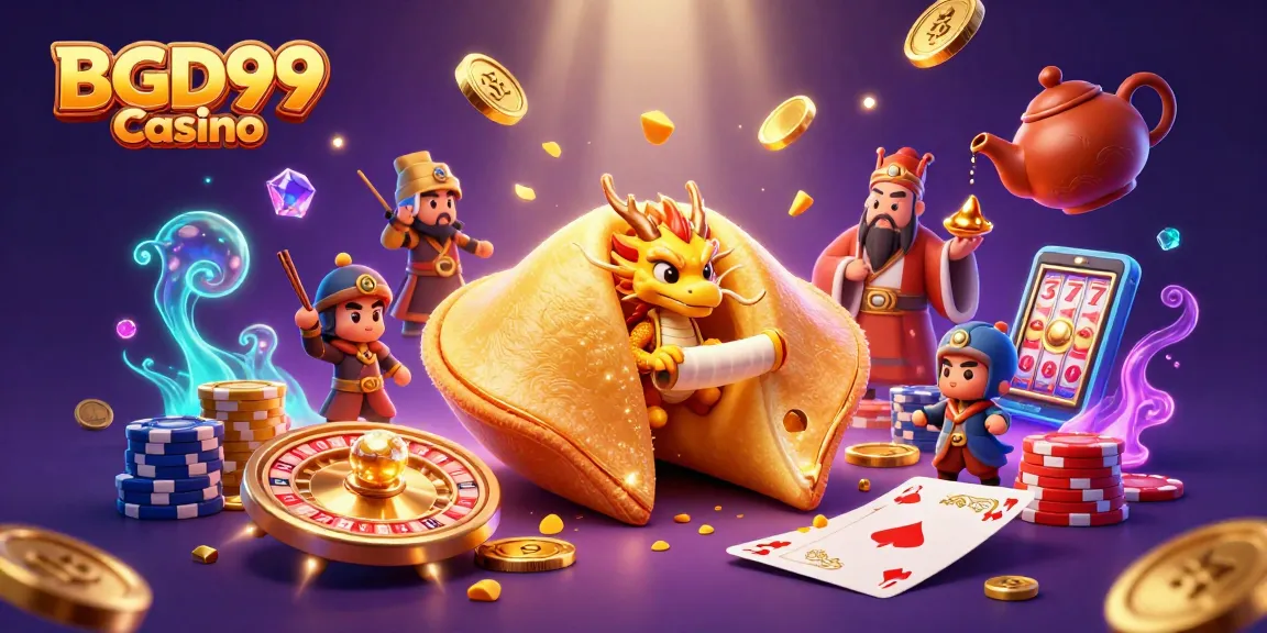Experience the thrill of BGD99 Casino with golden fortune cookies and vibrant gambling elements.