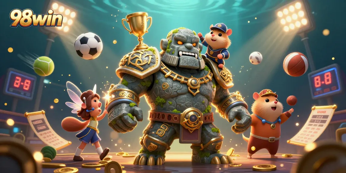 Experience thrilling magic in 98win with golden coins, sports balls, and enchanting characters in action.