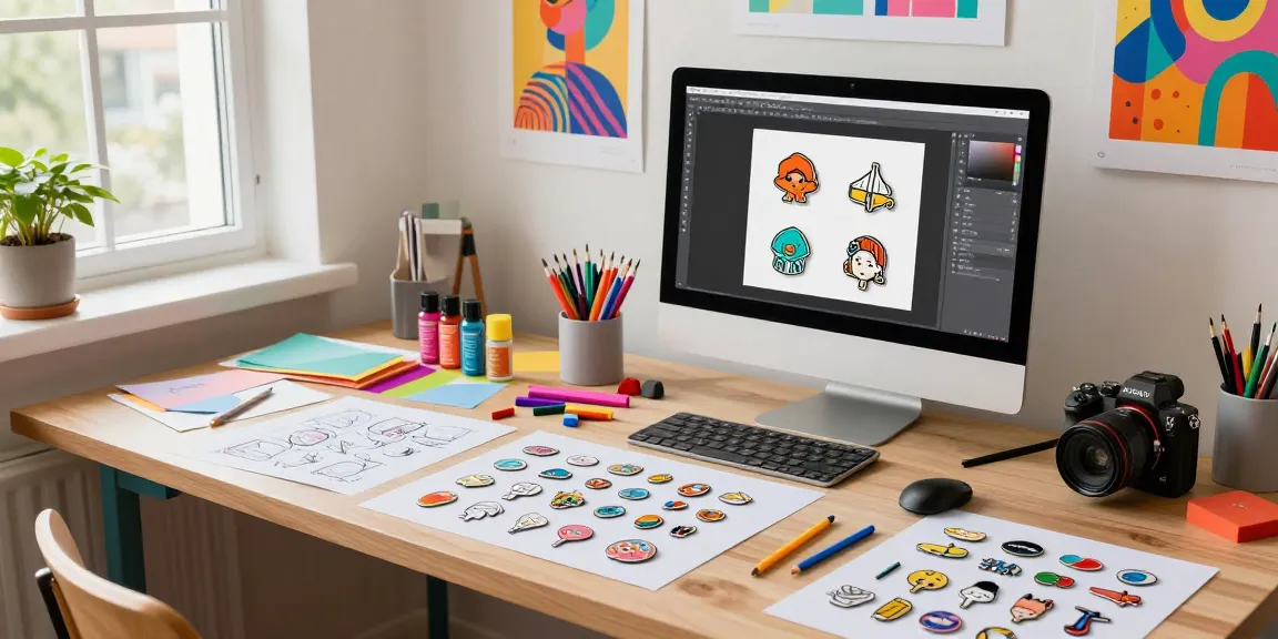 Artist designing custom pins with vibrant materials and tools in a colorful workspace.