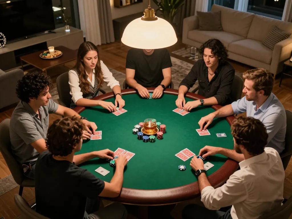 Kuwin's exciting home poker night showcases friends engaging in a strategic poker game.