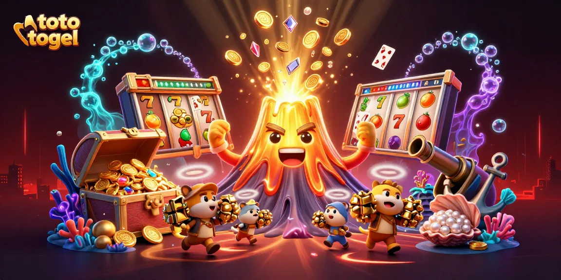 Experience thrilling wins with toto togel, featuring a volcanic gold eruption in a colorful casino scene.