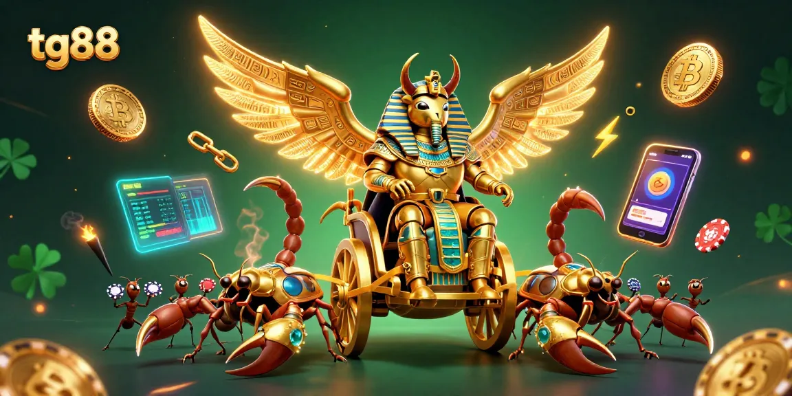 Experience thrilling gaming with tg88's vibrant 3D illustration featuring a golden beetle and crypto elements.