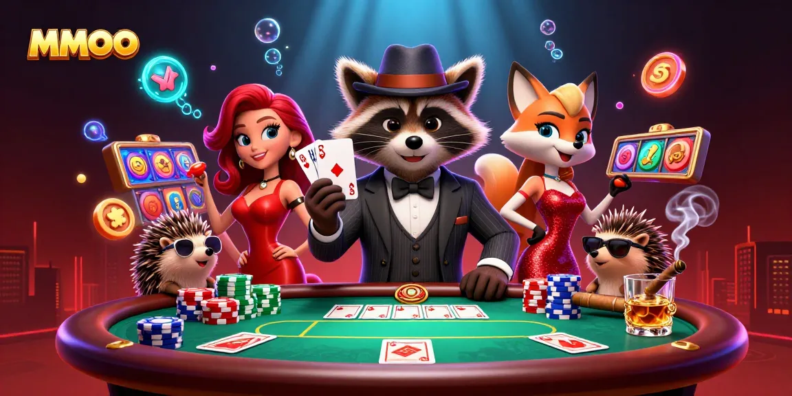 Win big at MMOO with a festive poker night featuring charming 3D characters and vibrant casino elements.
