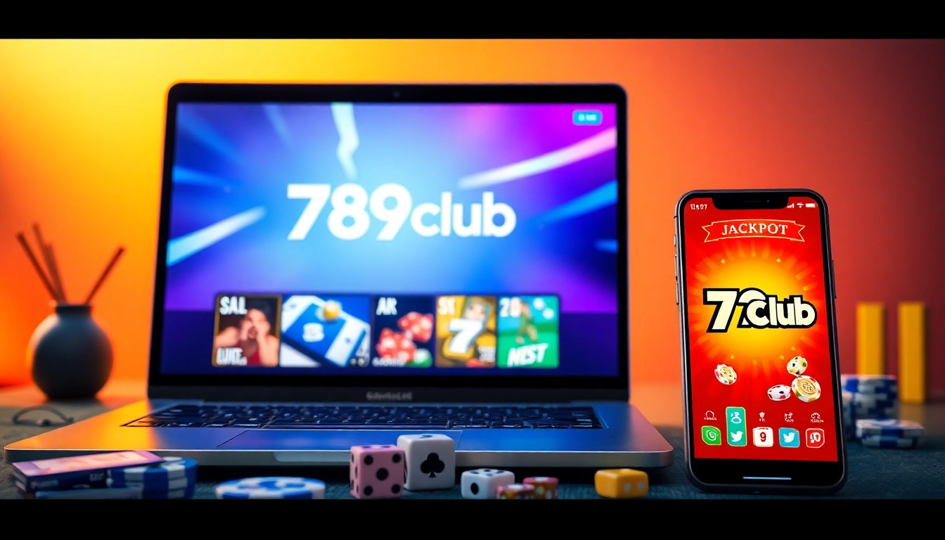 Hướng Dẫn Đăng Ký 789club Chi Tiết Và Dễ Hiểu with vibrant gaming screens highlighting features of both computer and mobile app.