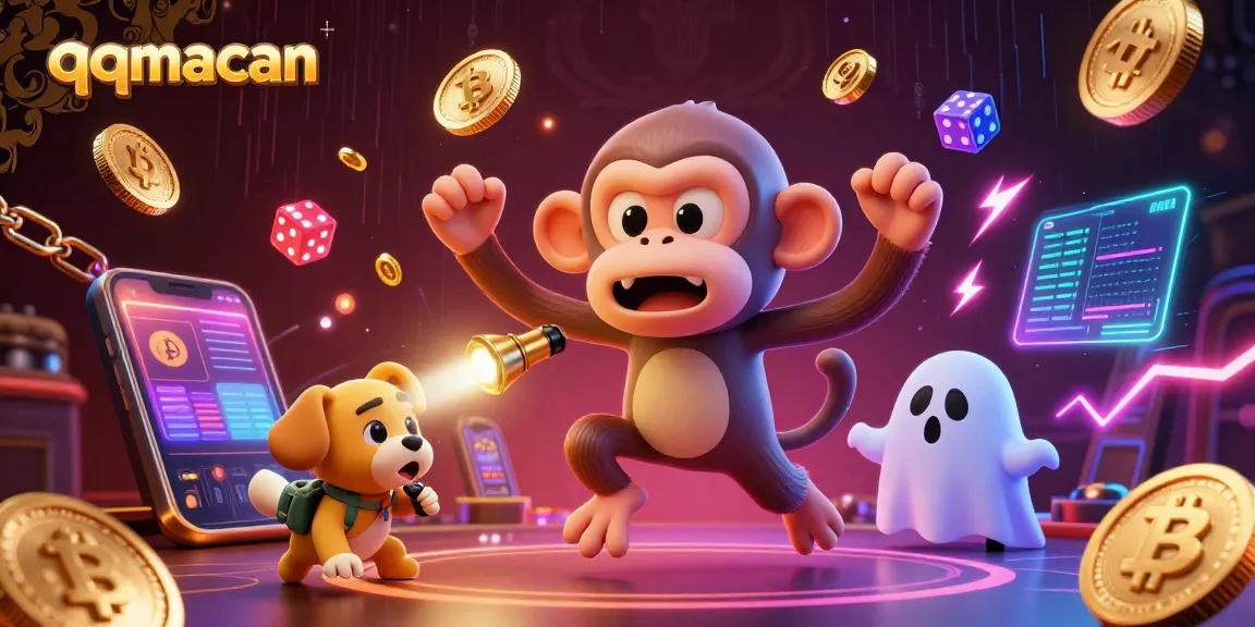 Bermain di qqmacan dengan slot penuh emas dan koin kripto bersinar mengelilingi karakter lucu.