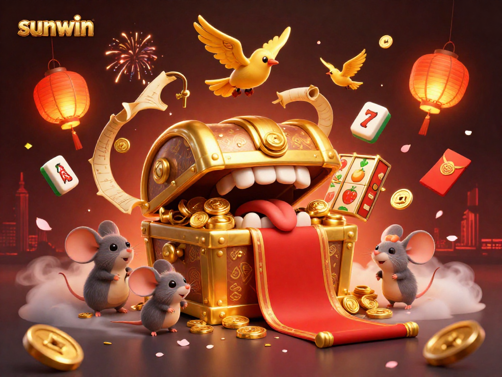 Play and win with Sunwin's captivating 3D treasure chest, attracting adventurer mice amidst a vibrant casino scene.