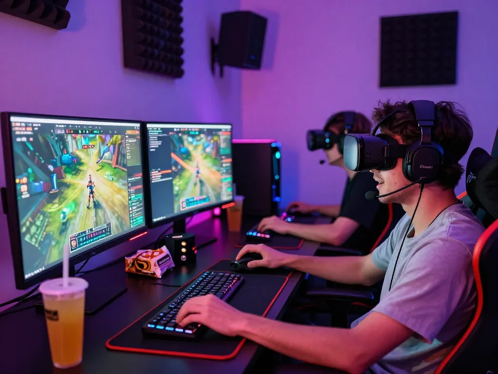 Energetic online gaming scene at https://rikviprent.com featuring immersive VR gameplay and vibrant lighting.