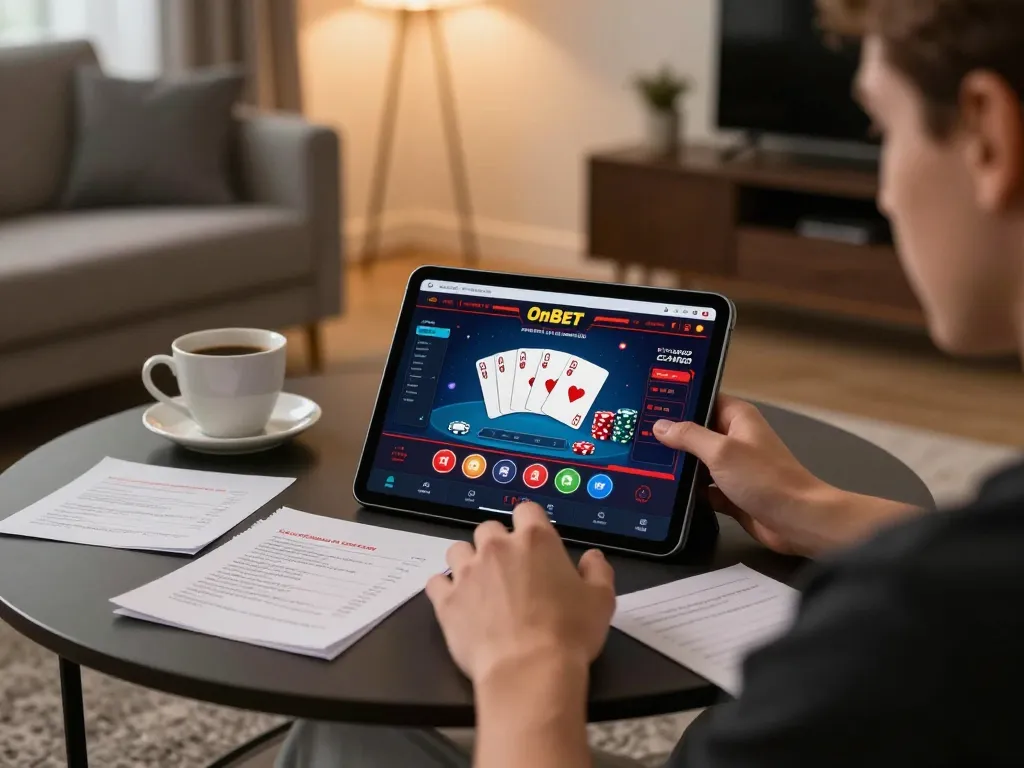 Player engaging with OnBet casino app, showcasing strategic gameplay in a cozy home setting.