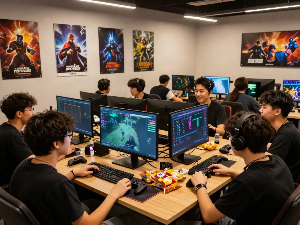 Diverse group of gamers enjoying ROKOK88 in a lively community setting.