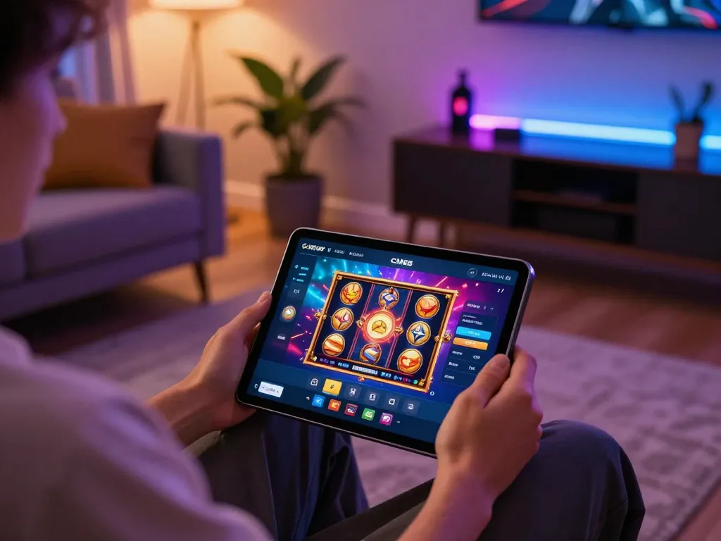 Player enjoying exciting gameplay on CM88 OKVIP app in a cozy home setting with vibrant lighting