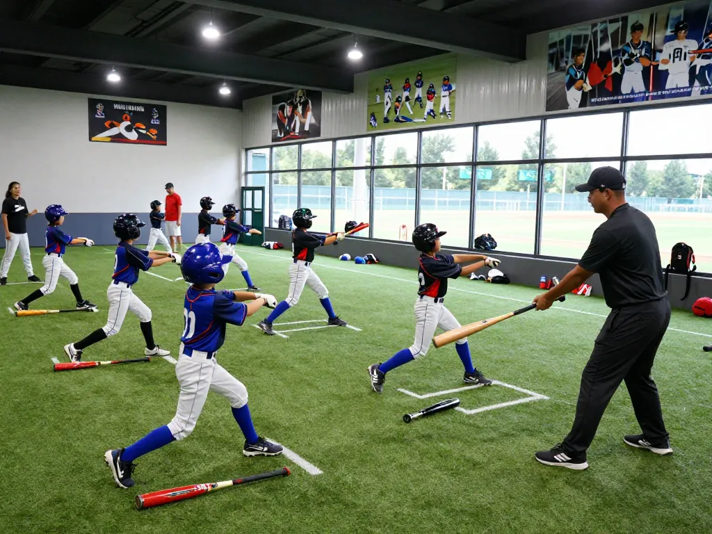 Young athletes participating in a hitclub baseball training session with coach guidance and excitement.