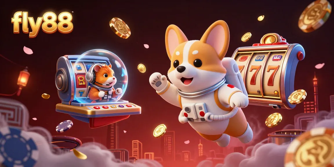 Experience thrilling moments with fly88 in a vibrant casino scene filled with exciting games and floating characters.
