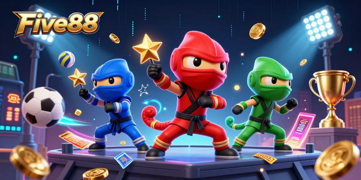 Experience the thrill of Five88's dynamic 3D casino illustration with chameleon ninjas and sports elements.