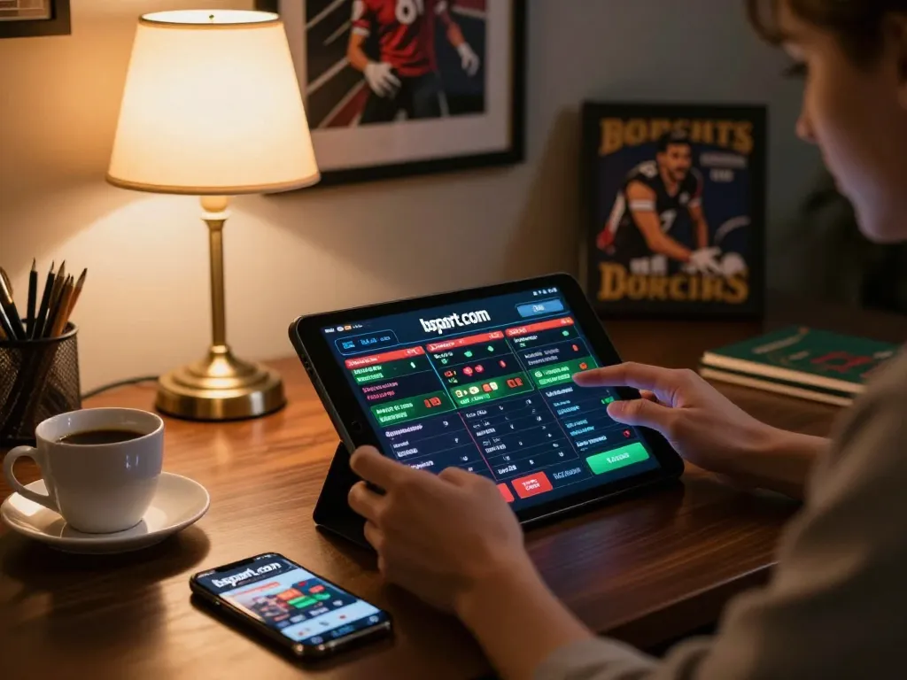 Engaging in sports betting on the bsport com app from a cozy home office setup.
