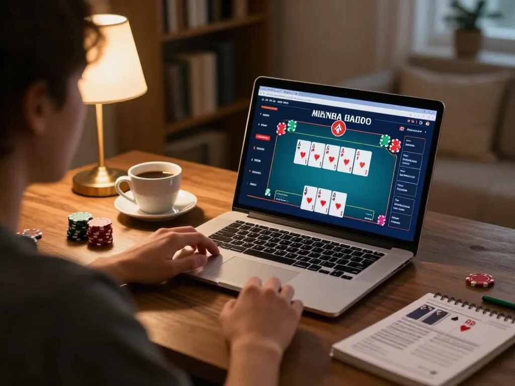Engaging in Sin88 online poker gameplay through a modern laptop in warm home setting.