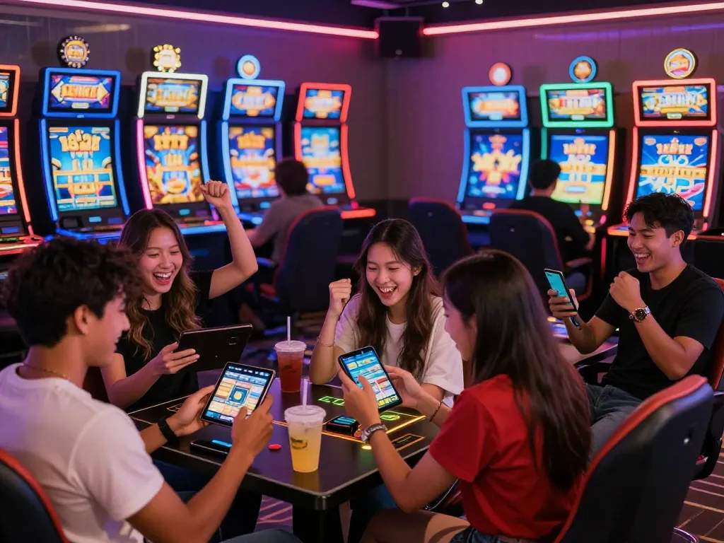Exciting game nổ hũ experience with players celebrating wins in a modern gaming lounge.