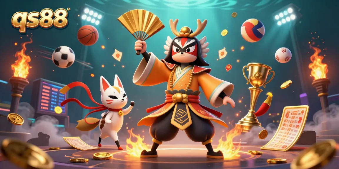 Betting action at qs88 with kabuki warrior and colorful sports elements in a vibrant scene.