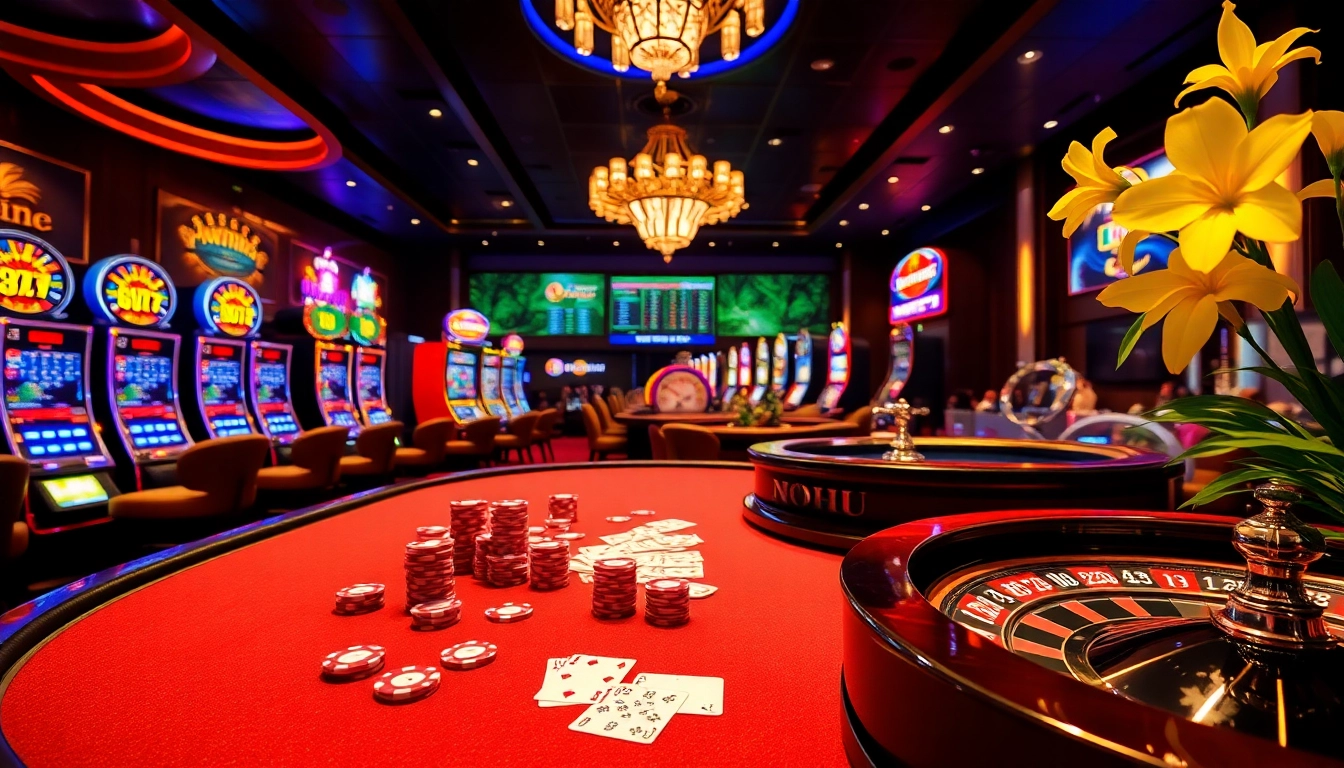 Nohu-themed gambling scene with poker chips and vibrant casino lights.