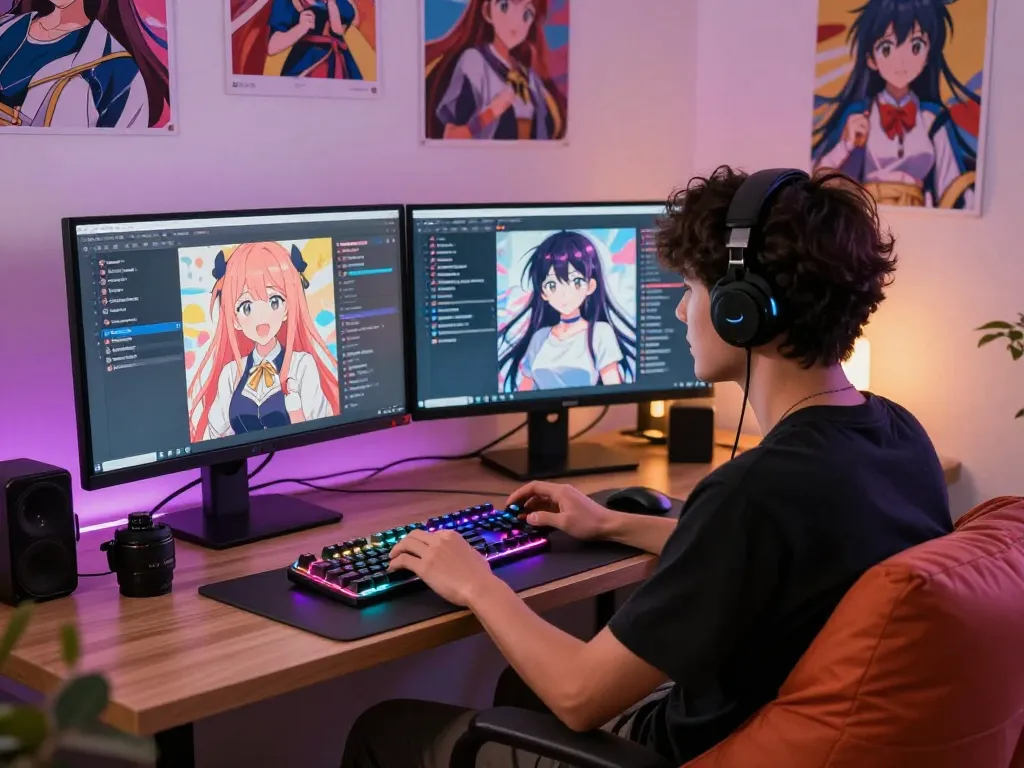Engaging in hentai ai chat with vibrant anime characters in a modern workspace.