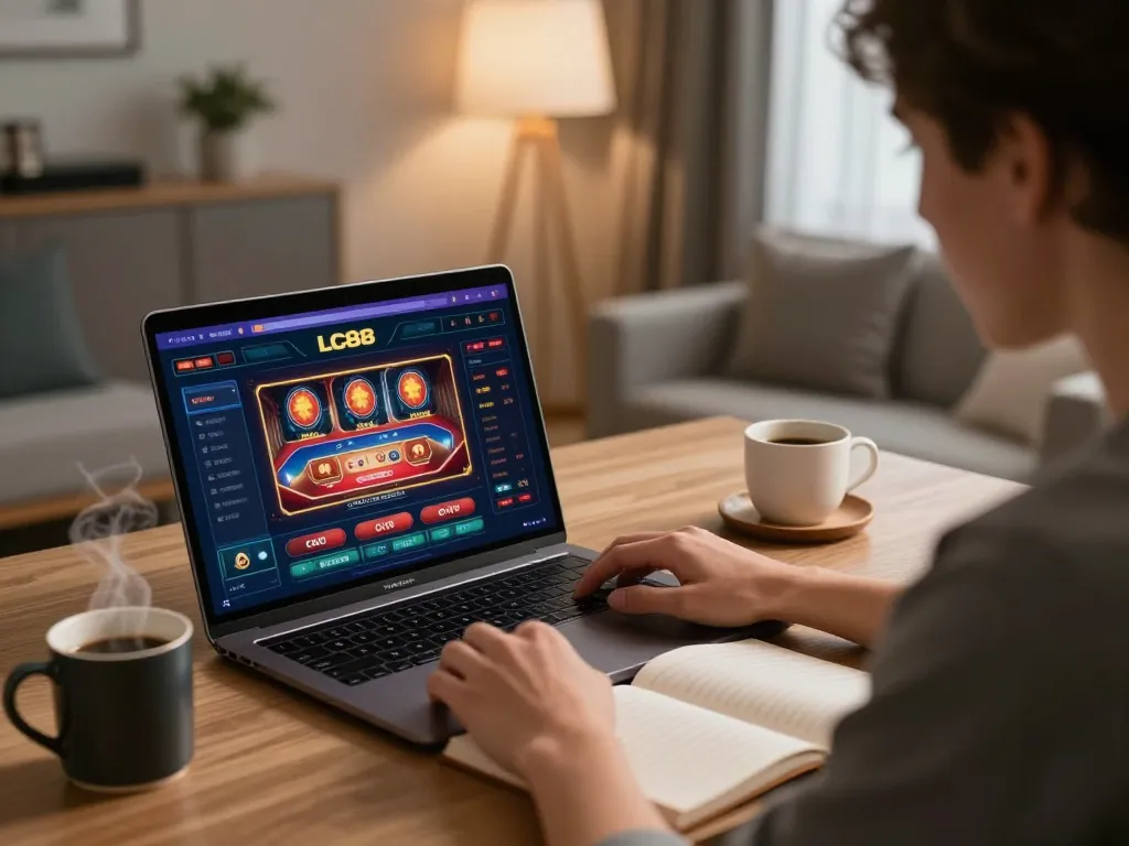 Engaging with LC88 online casino game on a laptop in a cozy home office.