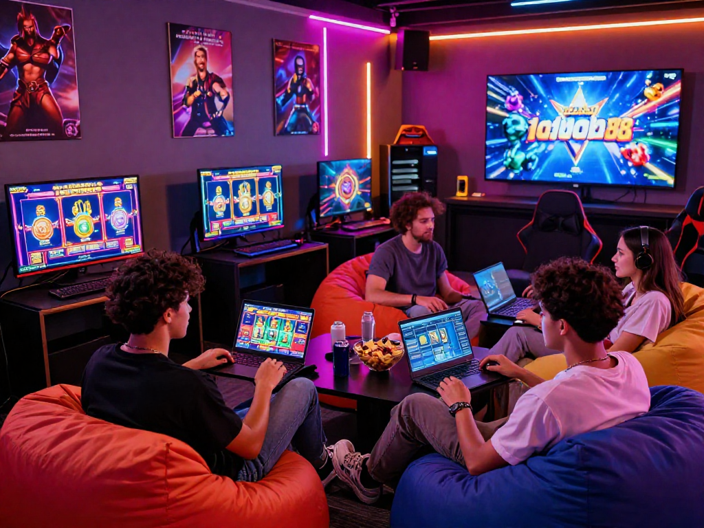 Friends gaming together in a lively lounge discussing rokok88 link strategies while enjoying popular slot games.