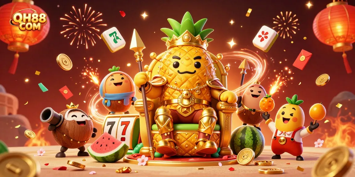 Experience the vibrant energy of QH88 COM's slot gaming scene with dynamic elements and colorful characters.