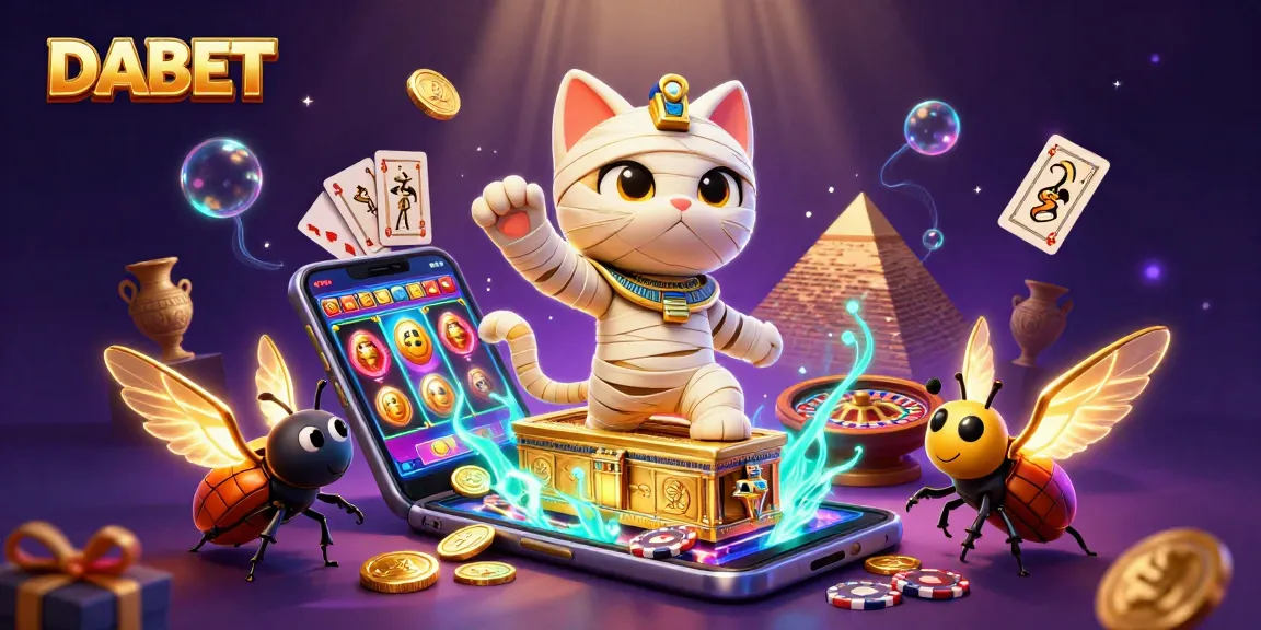 DABET attracts players with a 3D illustration of a mummy cat in a vibrant casino setting, surrounded by glowing game elements.
