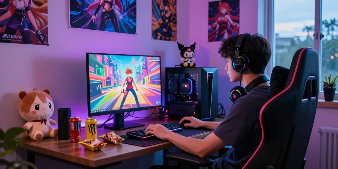 Player immersed in a colorful hentai game environment, cozy gaming nook with vibrant decor and snacks.