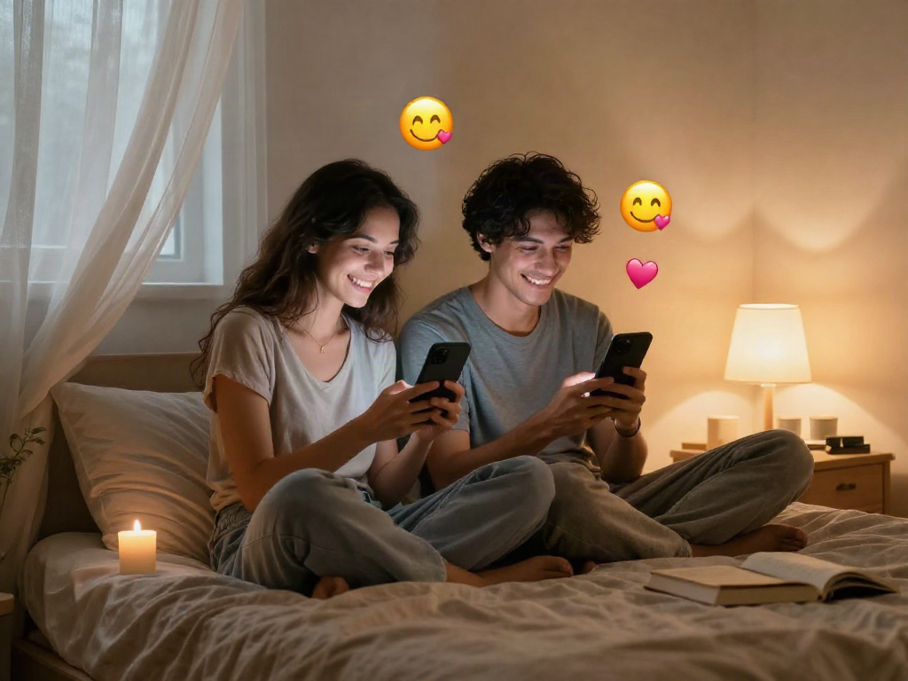 Couple engaging in sexting AI conversation in a cozy bedroom.